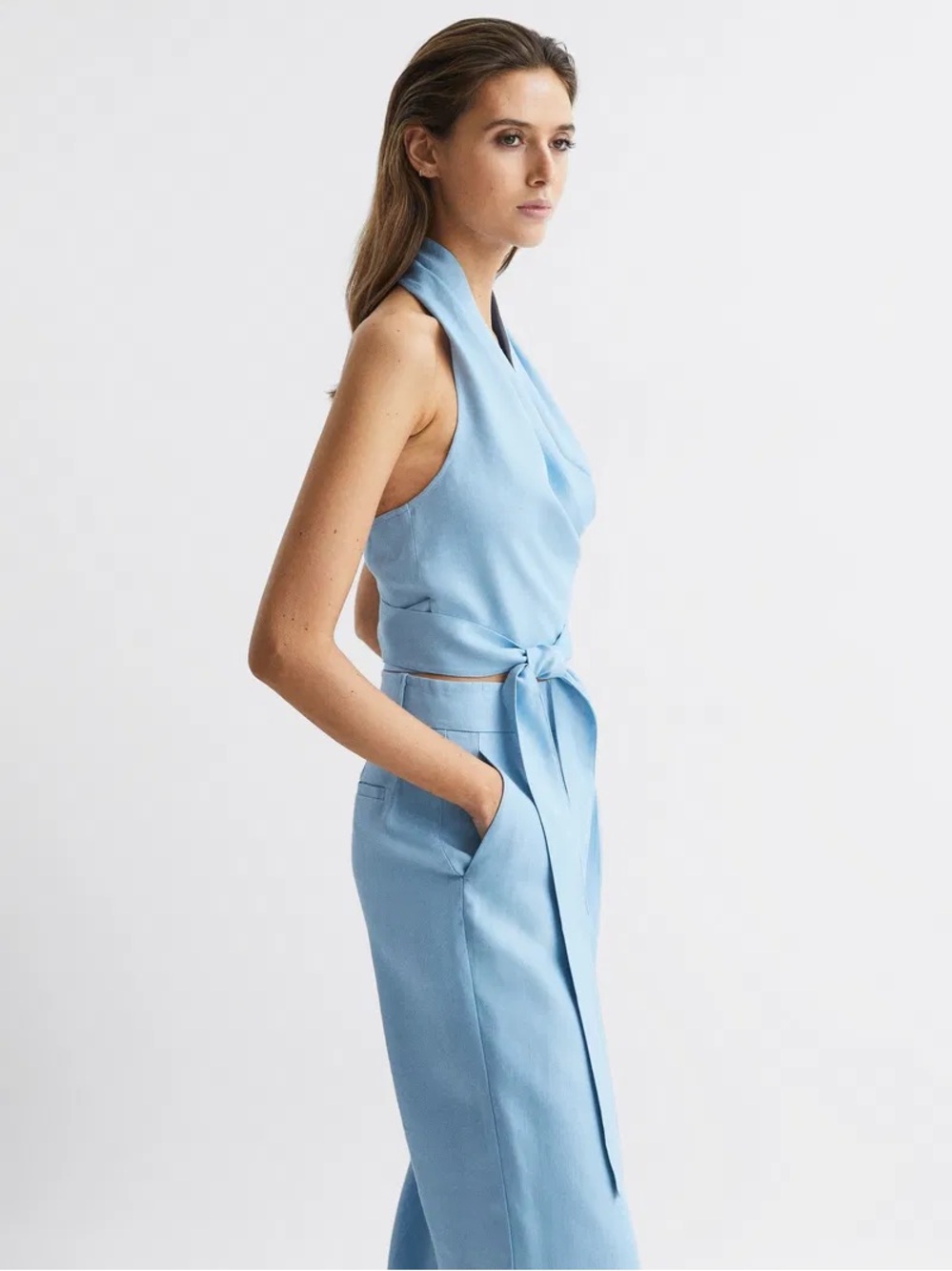 NWT Reiss Hollie Halter Neck Linen Blend Crop Top, Blue, Size US 2 - Picture 4 of 6